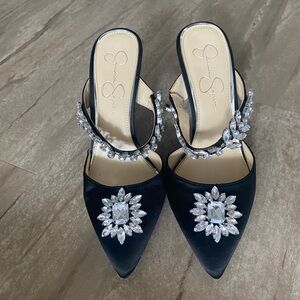 Elegant Black Satin Heels with Crystal Embellishments